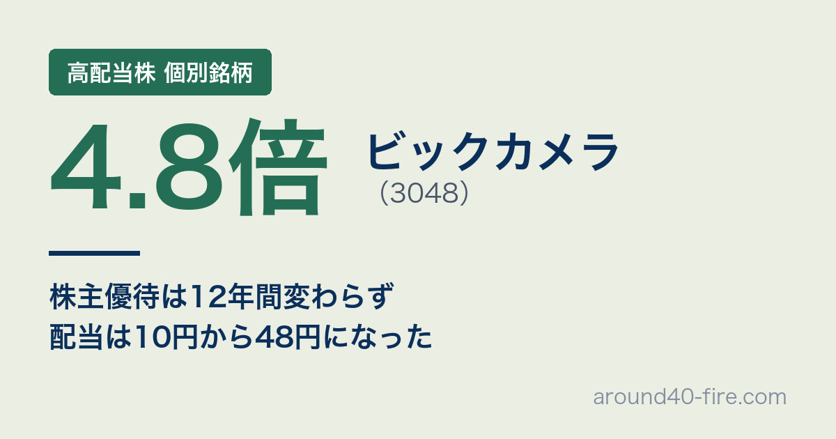 ビックカメラ（3048）配当4.8倍 株主優待は12年間変わらず 配当は10円から48円になった